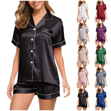 Women Sleeve Silk Short Pajamas Set